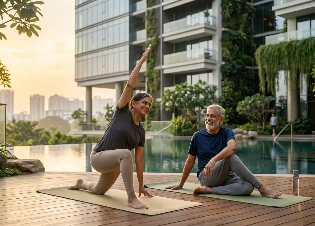 Happy Indian senior couple practicing wellness